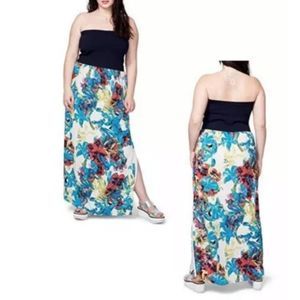 RACHEL Rachel Roy Curvy Strapless Blue Floral Mixed Media Maxi Dress 0X 12 New